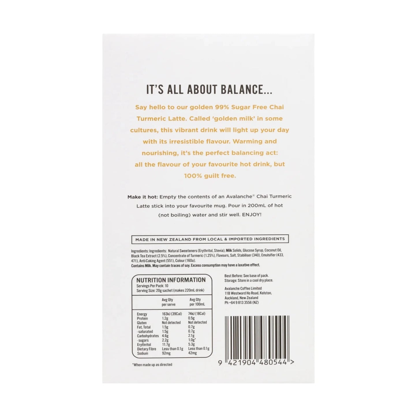 AVALANCHE 99% Sugar Free Turmeric Chai Latte 200gm 10s Optimo