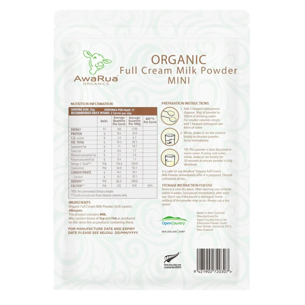 AWARUA ORGANICS Full Cream Milk Powder A2 Casein Mini POUCH Optimo