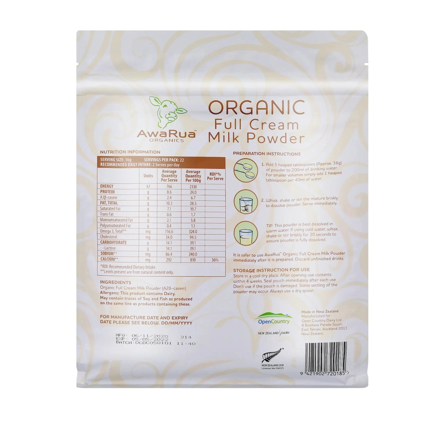 AWARUA ORGANICS Full Cream Milk Powder A2 Casein POUCH Optimo