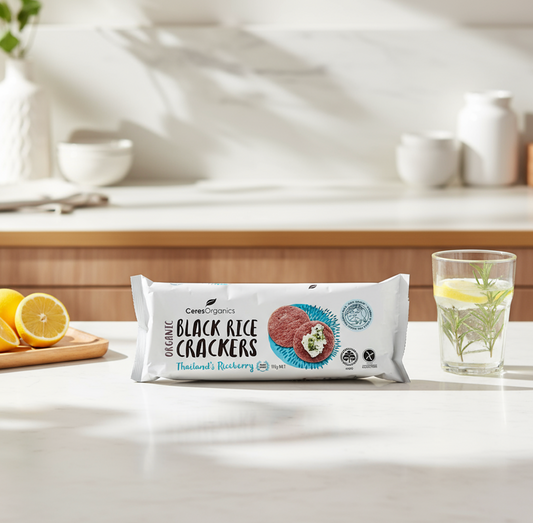 CERES Organics Black Rice Crackers Thai Riceberry Optimo