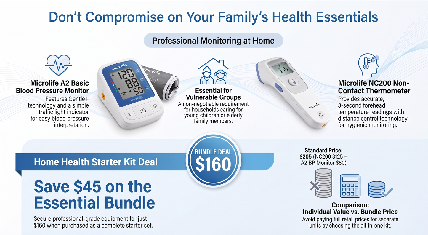 Home Health Starter Kit -Microlife A2 Classic BP Monitor & Non-Contact Forehead Thermometer