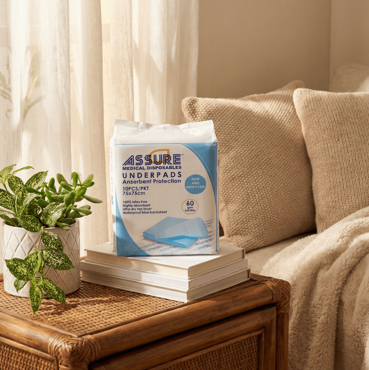 ASSURE Underpads With SAP, 75cm X 75cm, 60gm Fluff Filler - Care@Home